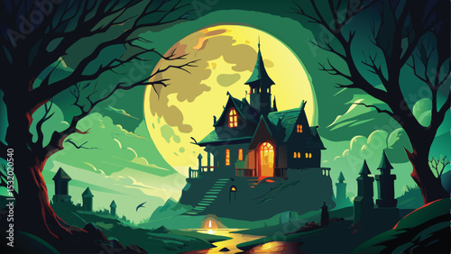 Spooky Halloween night scene with a haunted house in the dark woods, silhouetted by the moon and bats, perfect for an autumn celebration