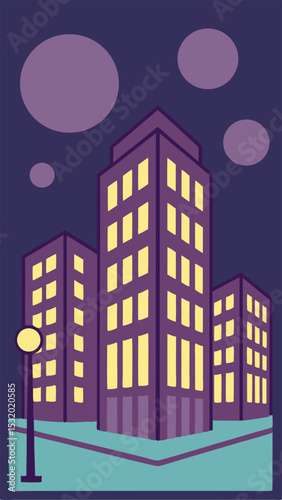 Stylized night cityscape illustration featuring illuminated buildings and celestial bodies