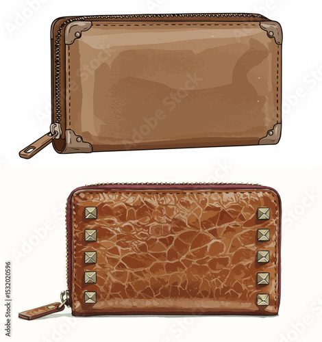 Stylish Brown Zipper Wallets with Stud and Corner Accents