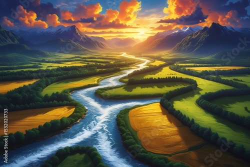 Serene river valley sunset landscape