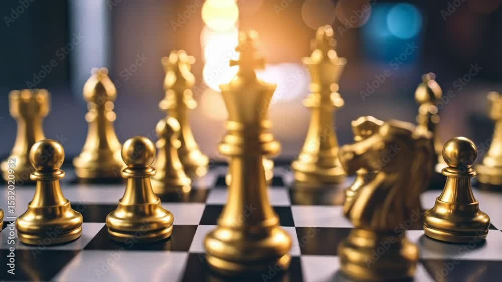 Close-up showing a golden chess set placed on a black and white board in a strategic game, symbolizing intelligence and planning.