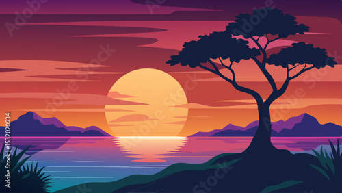 Sunset Landscape with Tree and Ocean View
