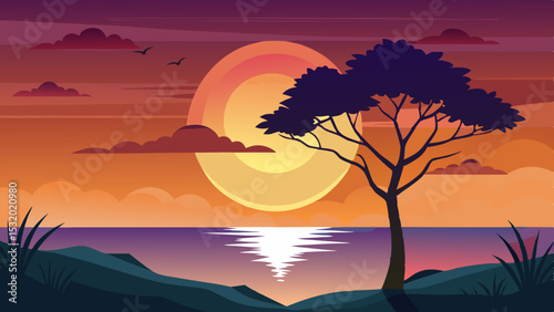 Sunset Landscape with Tree and Ocean View