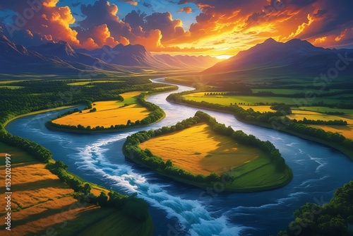 Serene river valley sunset landscape