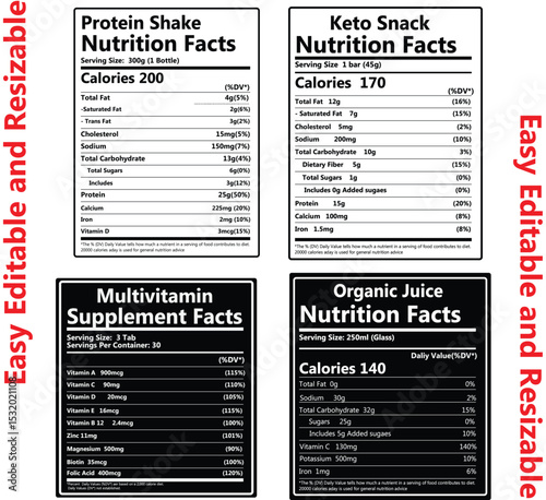 Nutritional Facts, supplement facts, protein shakes, keto snacks, multivitamins, and organic juice facts, label, editable facts, resizable facts, 
