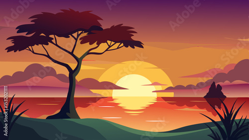 Sunset Landscape with Tree and Ocean View