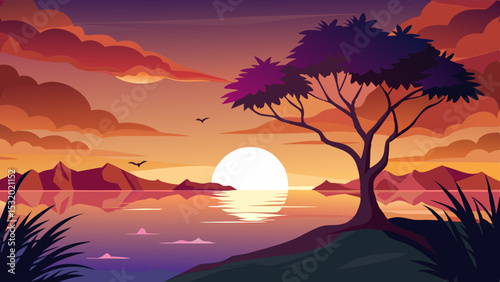 Sunset Landscape with Tree and Ocean View