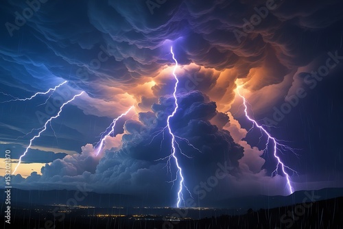 Dramatic lightning strikes during a nighttime thunderstorm