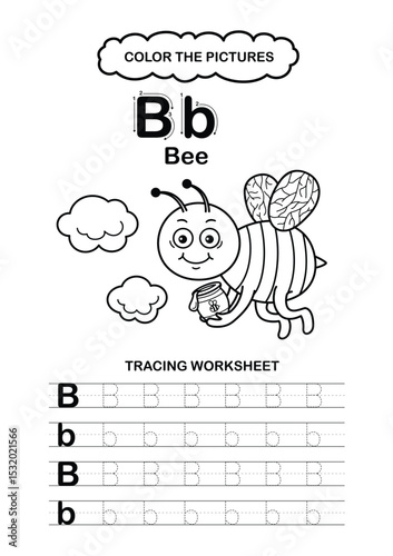 Illustration Isolated Animal Alphabet Trace and color Letter B-Bee