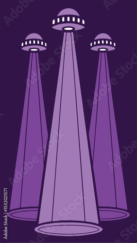 Three ufos descending with beams of light against a dark purple background
