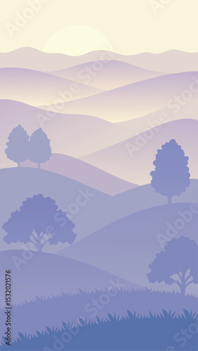 Tranquil landscape illustration featuring silhouette trees and rolling hills with a subtle sunrise