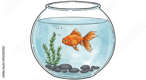 Goldfish in a Round Glass Fishbowl with Water and Stones