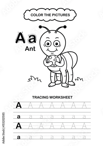 Illustration Isolated Animal Alphabet Trace and color Letter A-Ant