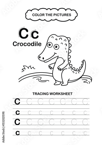 Illustration Isolated Animal Alphabet Trace and color Letter C-Crocodile