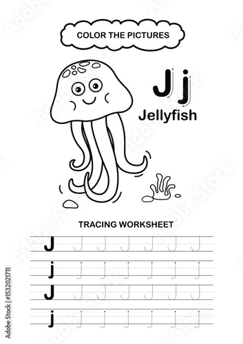 Illustration Isolated Animal Alphabet Trace and color Letter J-Jellyfish