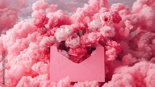 A pink envelope surrounded by fluffy pink clouds and flowers. The scene conveys a soft, romantic atmosphere, ideal for love letters or invitations.