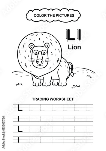 Illustration Isolated Animal Alphabet Trace and color Letter L-Lion