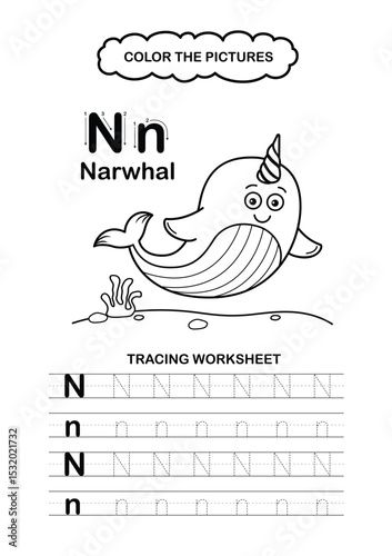 Illustration Isolated Animal Alphabet Trace and color Letter N-Narwhal