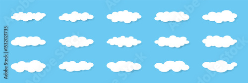 Flat white clouds set. Simple cloudy abstract shapes. Puffy, fluffy and cumulus elements in blue sky. Minimalist Comic weather Objects cloudscape for game. Vector collection