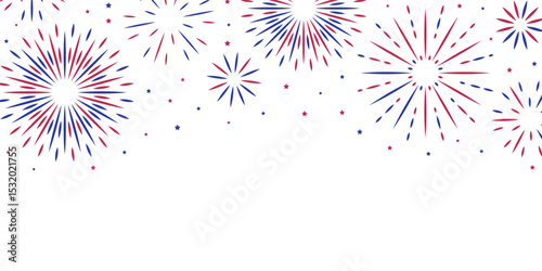 4th of July background with copy space. USA Independence Day fireworks banner. Red, blue, white United States flag color frame. Labor or Memorial day backdrop with stars, simple sparkle, text place