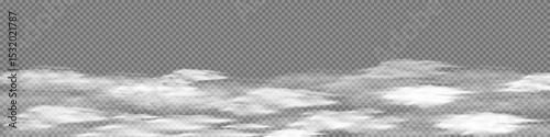 Realistic Grey border of fog, smog transparent special effect. White steam cloud, mist on background with copy space. Cloudy haze banner. Foggy wind weather.