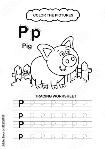 Illustration Isolated Animal Alphabet Trace and color Letter P-Pig