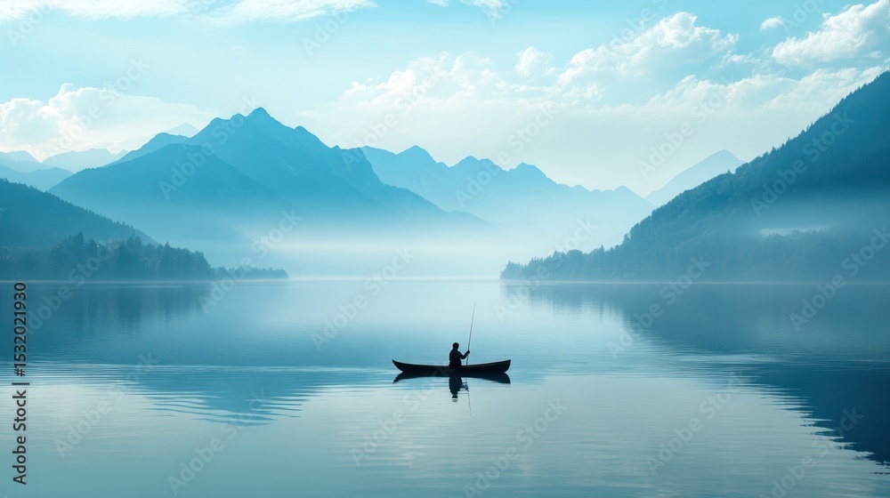 Fototapeta premium Solitude on Misty Lake: A Serene Fishing Scene