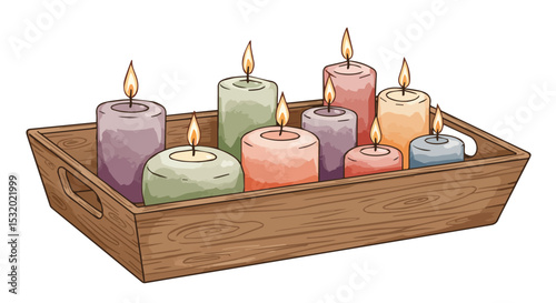 Assortment of Lit Pastel Scented Candles on a Wooden Tray