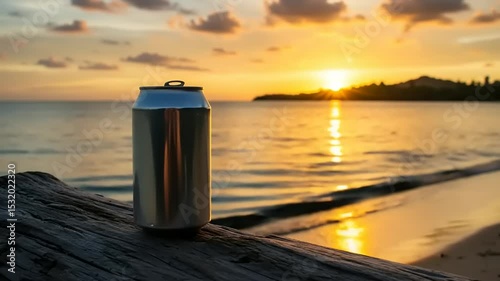 Beverage can on driftwood at sunset beach