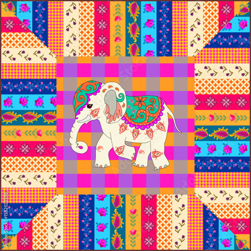 Beautiful patchwork pattern with an Indian elephant and multi-colored stripes with flowers, leaves and abstract ornament. Folkloric print for a pillow, carpet, napkin, bag, handkerchief.