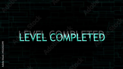 Neon line level completed text glowing animation with technology background. Level complete Glowing neon text animation on technology background.