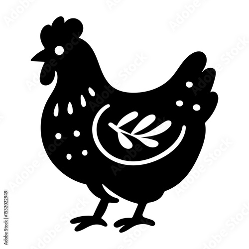 Rustic style figurine with a chicken. Ethnic sticker. Bohemian animal silhouettes and floral patterns on Scandinavian style textiles. Handmade relief image of a chicken in the style of linocut.