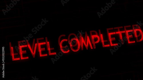 Neon line level completed text glowing animation with technology background. Level complete Glowing neon text animation on technology background.