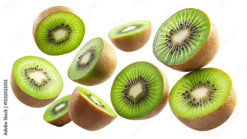 Fototapeta premium A vibrant assortment of kiwi fruit slices suspended in mid air, isolated