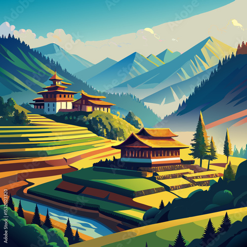 A panoramic view of a terraced rice valley in Bhutan

