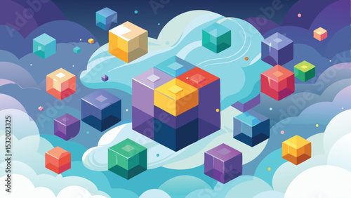 Abstract cubes floating in a stylized cloudscape with gradient colors and transparency