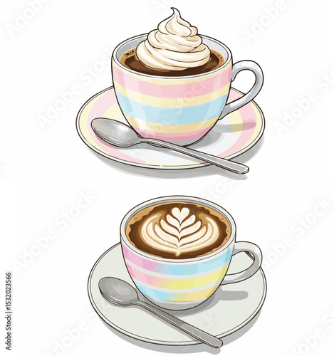 Cozy Pastel Striped Coffee Cups with Latte Art and Whipped Cream