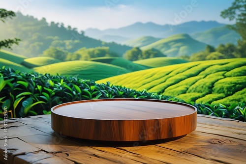 Wooden display platform on rustic table with tea plantation background
