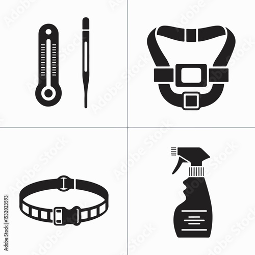 Set of minimalistic black and white icons for veterinary care including thermometer, collar, spray bottle and harness