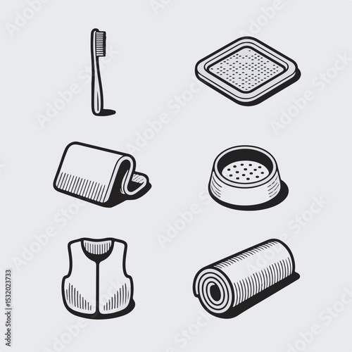 Stylized line art illustrations of various daily use items including a toothbrush towel and rolled blanket