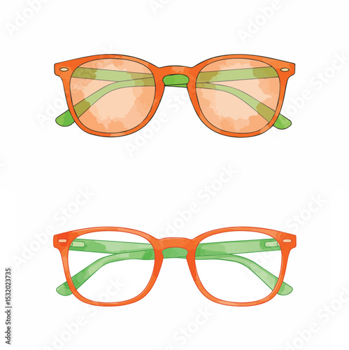 Stylish Orange and Green Eyeglasses and Sunglasses Watercolor Clipart