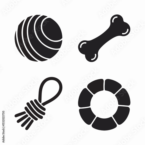 A collection of black and white icons representing various pet toys and accessories for dogs or cats