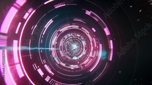 Glowing digital tunnel with neon lights and data
