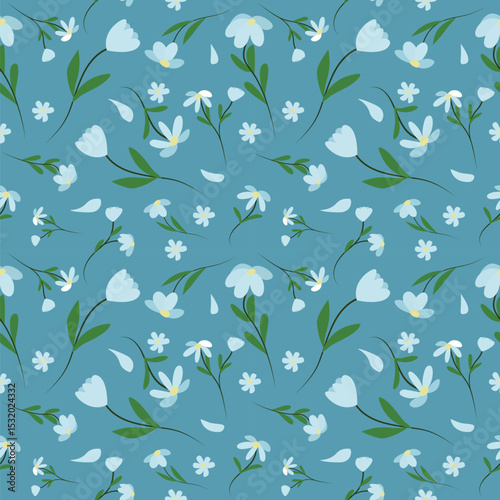 Delicate seamless floral pattern featuring light blue daisies, tulips, and petals with green stems, scattered on a dusty teal blue background.
