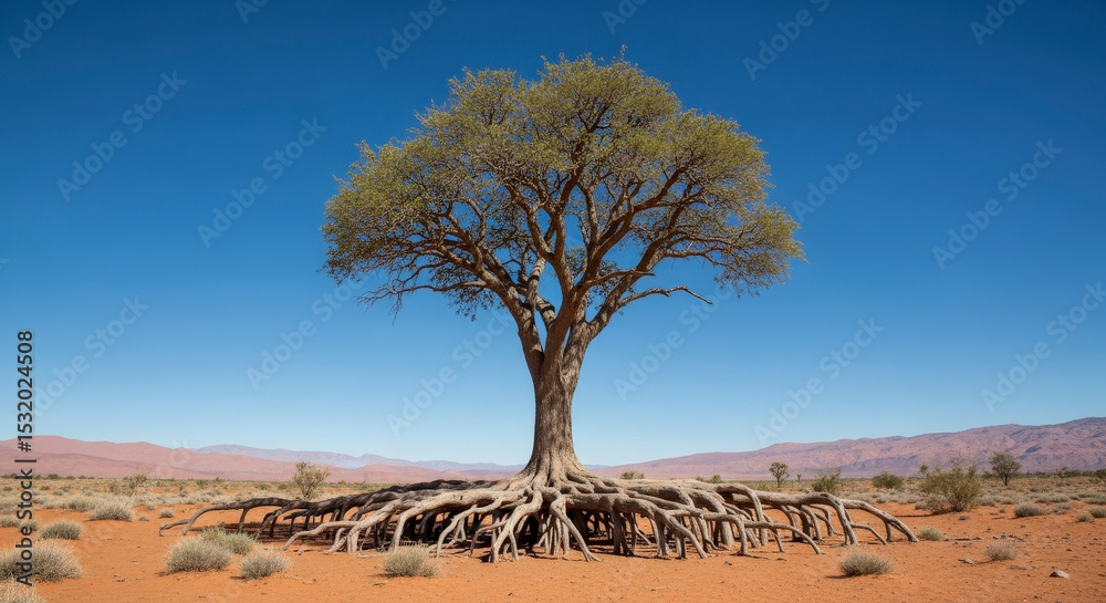 Isolated Tree With Exposed Roots Stands In Desert Landscape Under Bright Blue Sky During Daytime Isolated Tree With Exposed Roots Stands In Desert Landscape Under Bright Blue Sky During Daytime