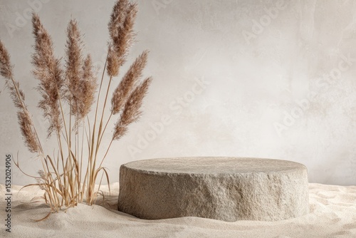 A round, light-grey stone pedestal sits on light sand with dried beige pampas grass to the left against a textured light-grey wall