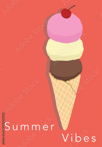 Three Tier Ice Cream Vertical layered in variety flavours of Strawberry, Vanilla, and Chocolate Design Illustration editable vector
