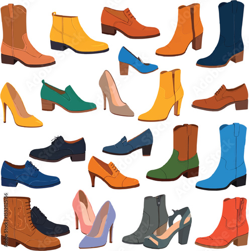 Assorted footwear collection showcasing various styles and colors of shoes on transparent background