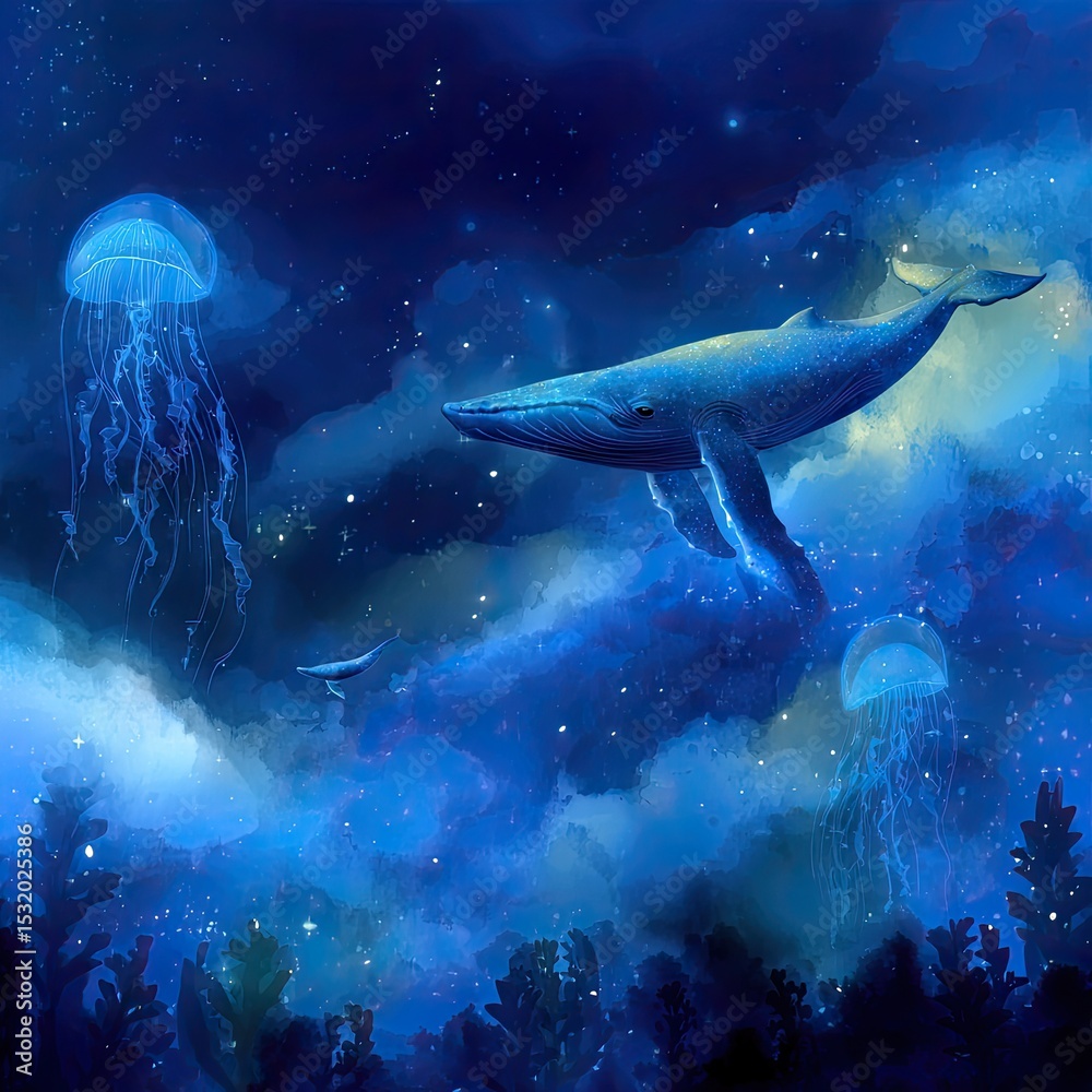 Fototapeta premium Floating Whale And Jellyfish In Starry Night Sky