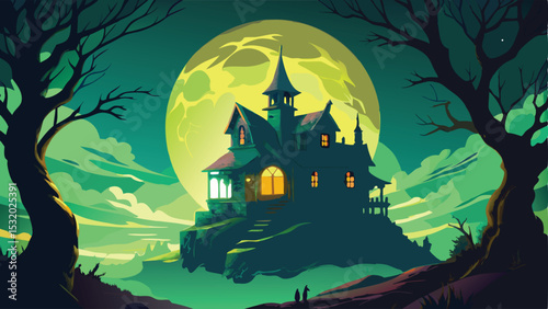 Spooky Halloween night scene with a haunted house in the dark woods, silhouetted by the moon and bats, perfect for an autumn celebration